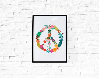 Digital Download // Floral Peace Sign // Motivational Print Inspirational Quote Home Decor Peace Flower Power Woodstock Hippie Wall Art