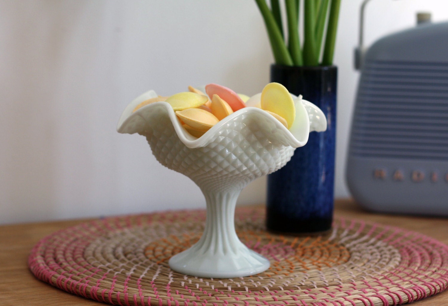 French vintage light blue milk glass opaline candy dish pedestal