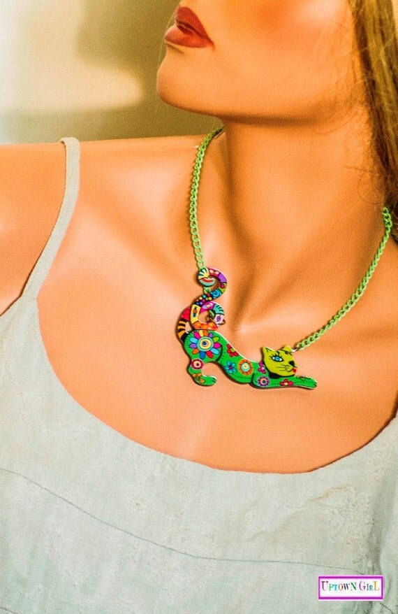 Cat Necklace Green Girl Necklace Cat Pendant Kids Jewelry Kids
