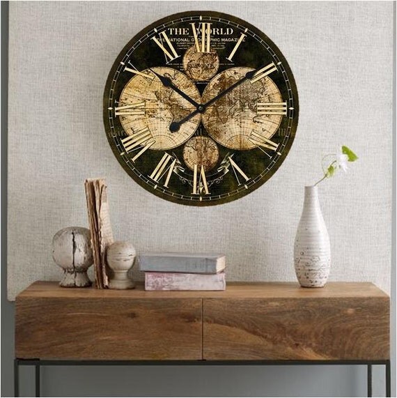 Large Wall Clock WORLD MAP Vintage Wall Clock 24x24 by Homeguru