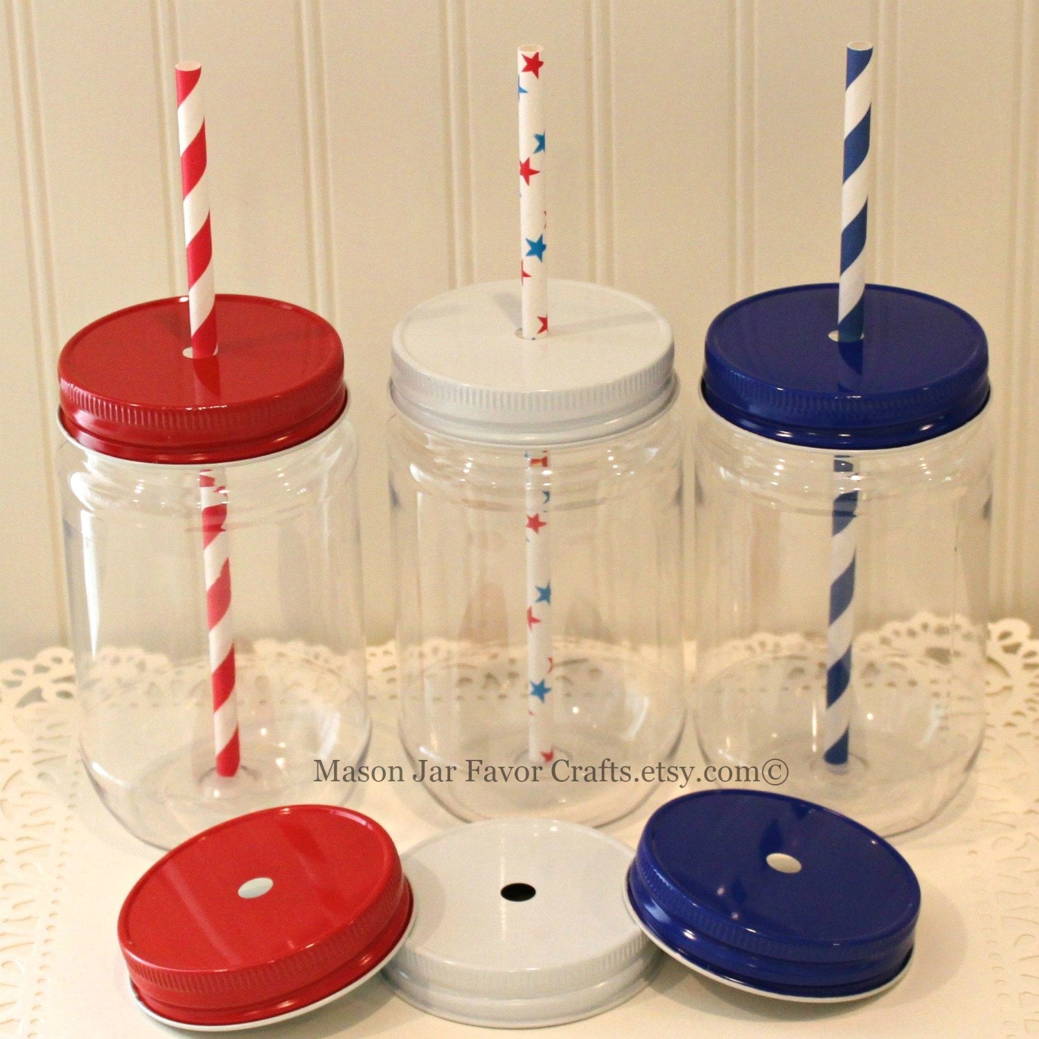 Plastic Mason Jars 12 Pastic Mason Jars with Metal Straw Hole
