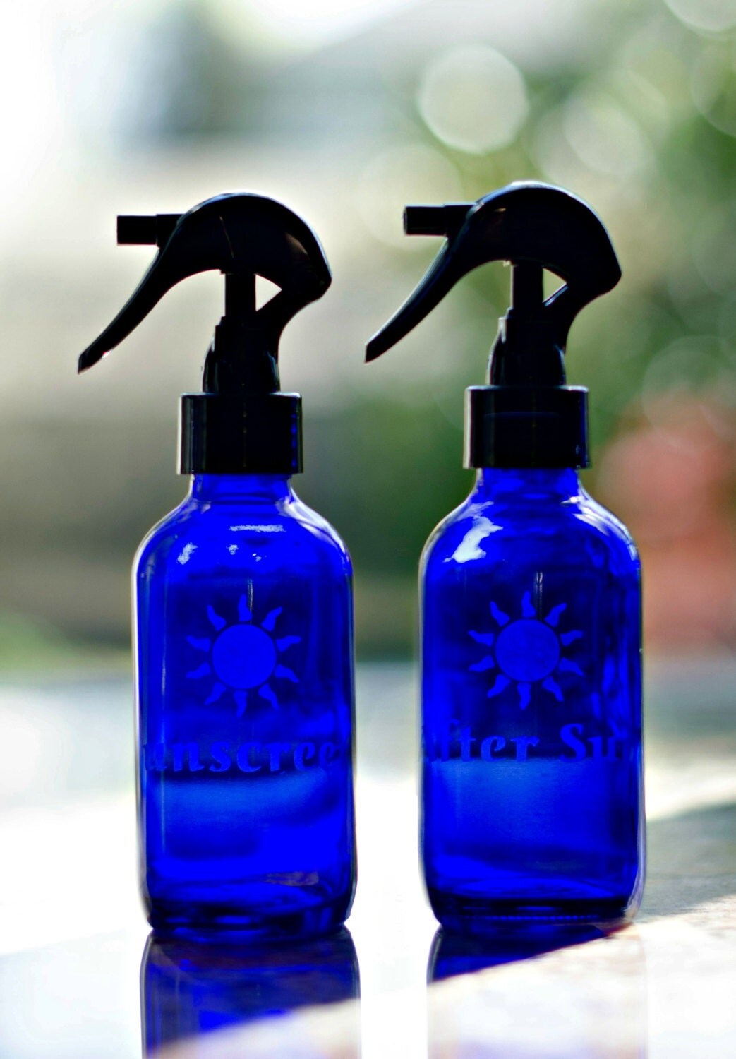 Sunscreen or After Sun Etched Glass 4oz spray bottle. Ideal