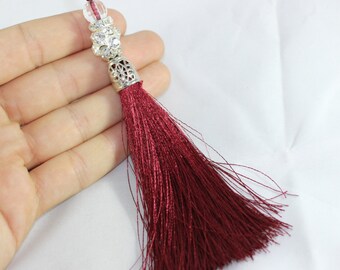 5 Pcs Claret Red Silky Thread Tassel, Beaded Tassel Necklace, 130 mm Tassel Pendants with Rhinestones and Silver Bead Caps