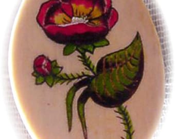 Oval Ivory Scrimshaw Brooch with Poppy