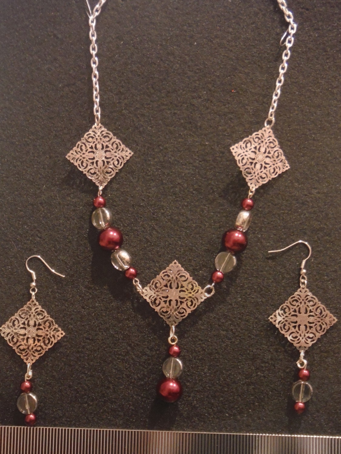 Burgundy & Silver Necklace/Earring Set by DramooQueens on Etsy