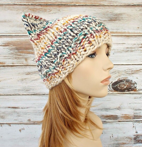Cream Knit Hat Cream Womens Hat Multicolor Cat Beanie Hat