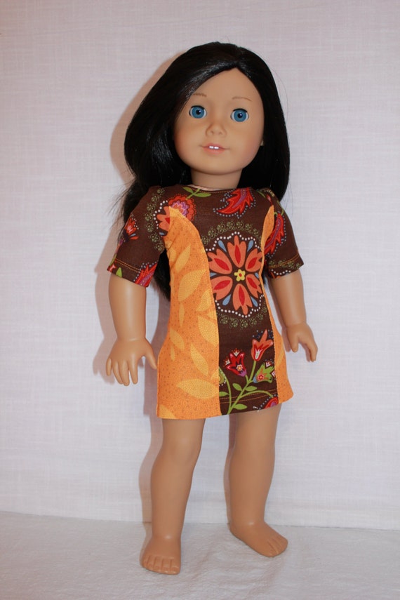 18 inch doll clothes, Ascot dress,orange and brown dress, floral print dress,  american girl, Maplelea