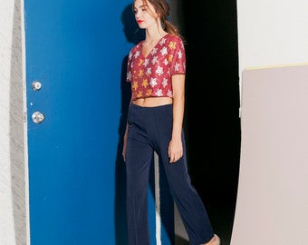 Cropped pants, high waist, Navy ((ON SALE))