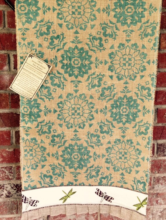 Table Runner Teal Burlap Print length 90 by TablesGoneWild