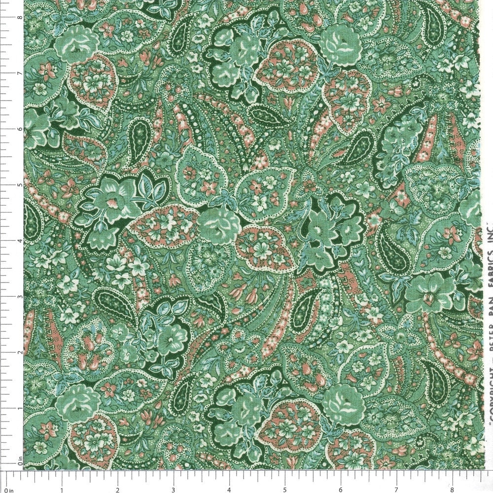 Teal Green Paisley Fabric by the Yard Green Jacobean Fabric.