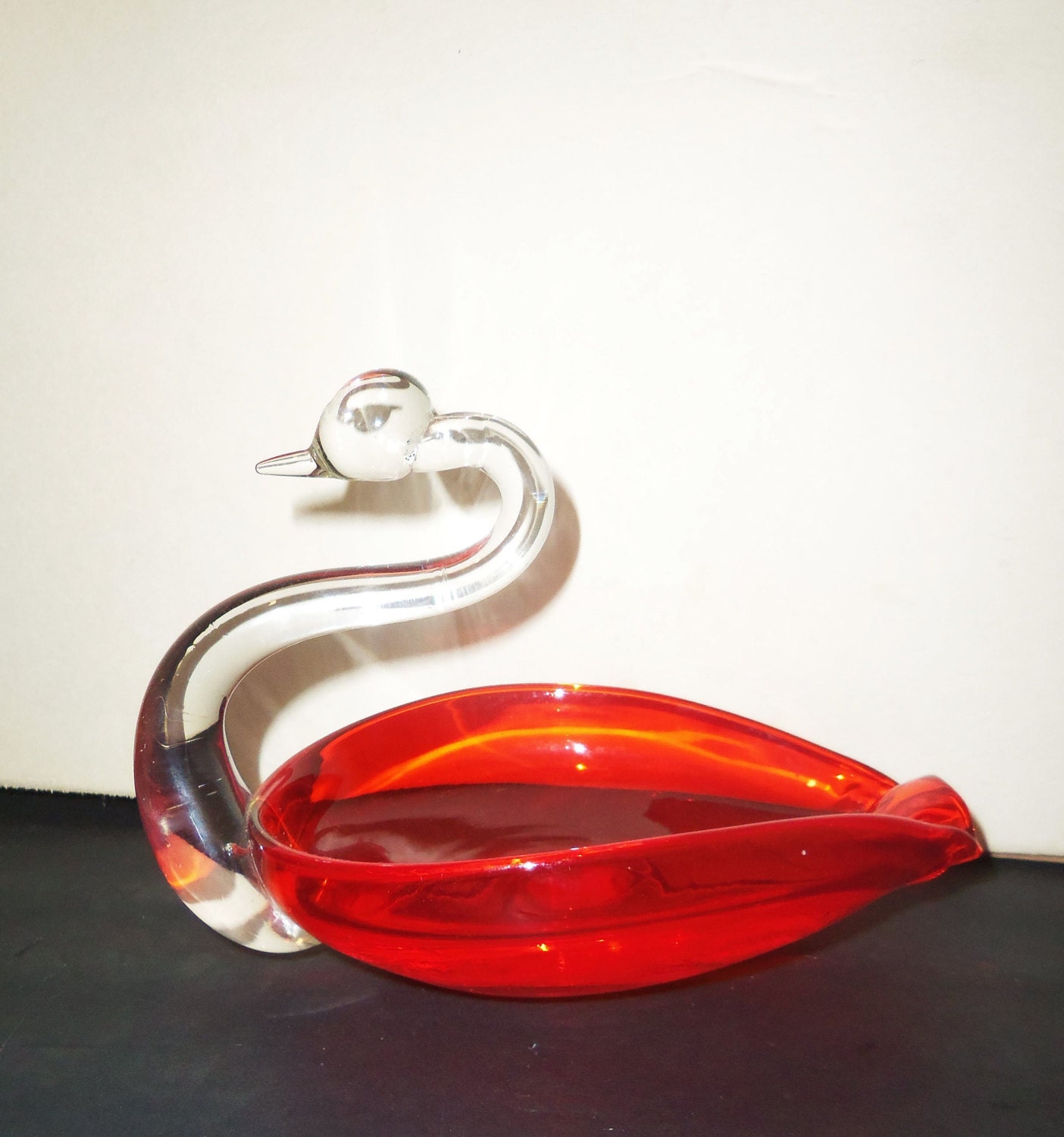 Vintage Art Glass Orange Swan Dish Mid Century Modern By Avaricia