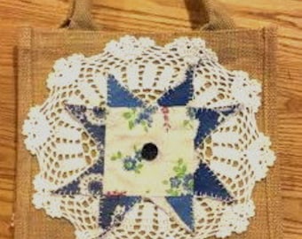 BURLAP Tote with Navy Antique Ohio Star Quilt Piece placed on newer Lace Doily Vintage Button OFG RDT