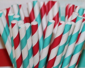 Paper Straws, 25 Dr. Seuss Party Paper Straws, Party Paper Straws, Red Striped Straw, Dr. Seuss Birthday, Dr. Seuss Baby Shower, Aqua & Red