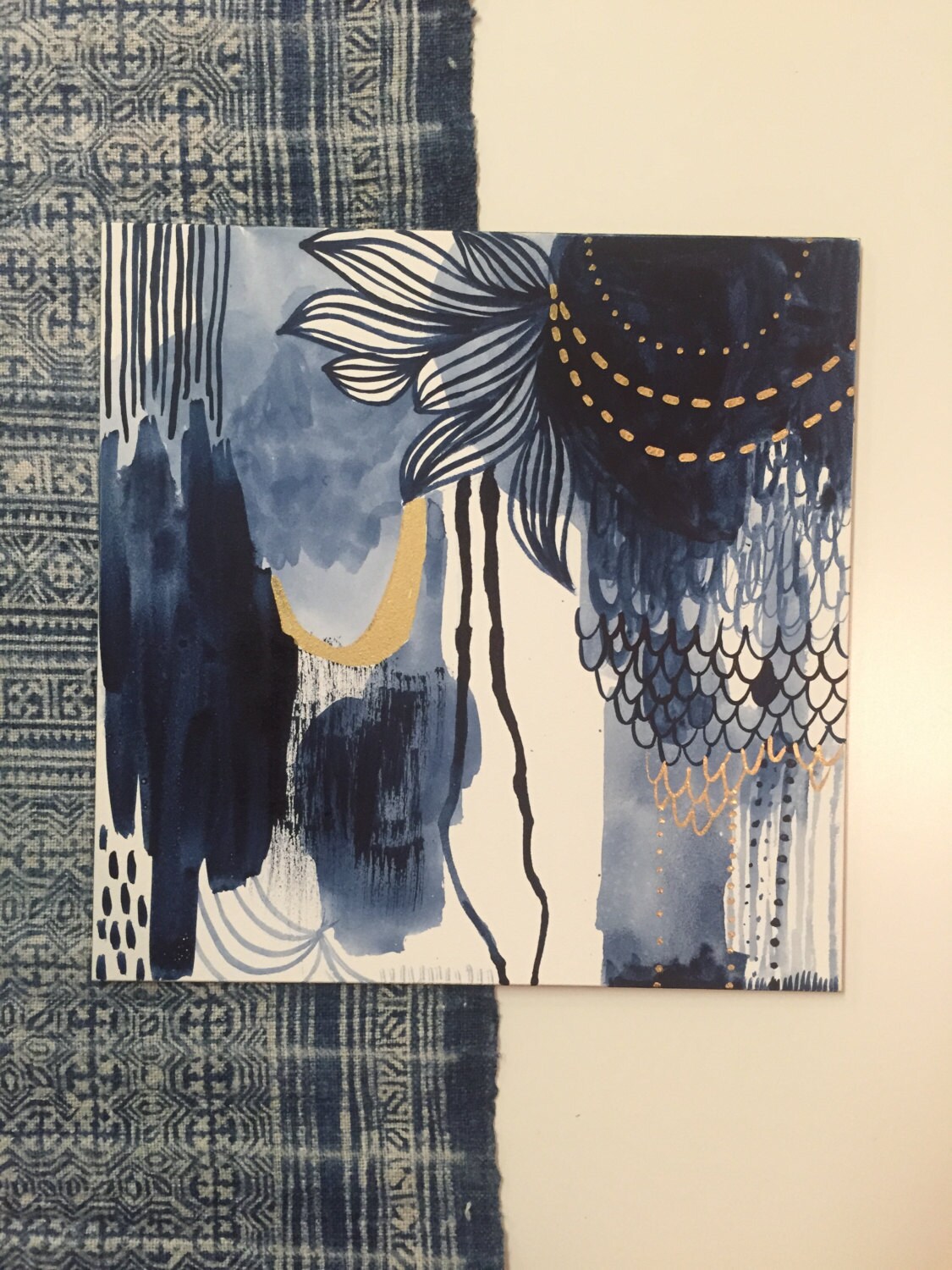 Indigo Gold Abstract Ink on Clayboard by RachaelRiceArt on Etsy