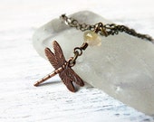 Antique Copper Dragonfly Pendant with Jade Drop Woodland Inspired Antique Brass Jewelry Vintage Style Gemstone Jade Jewelry