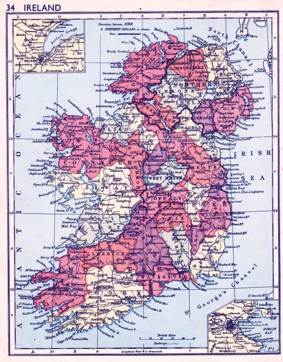 IRELAND map vintage Irish map with Belfast Dublin counties