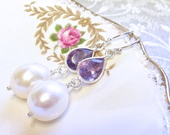 Amethyst and freshwater pearl Vermeer earrings in sterling silver