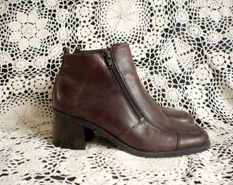 Vintage 1990's Chocolate Brown Leather Ankle Boots Size UK 6 Euro 39