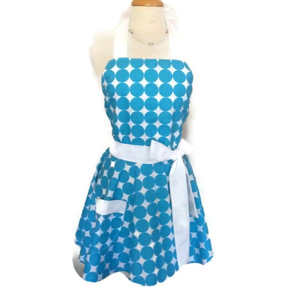 Items similar to Classic Flirty Apron, Blue and White polka dot apron