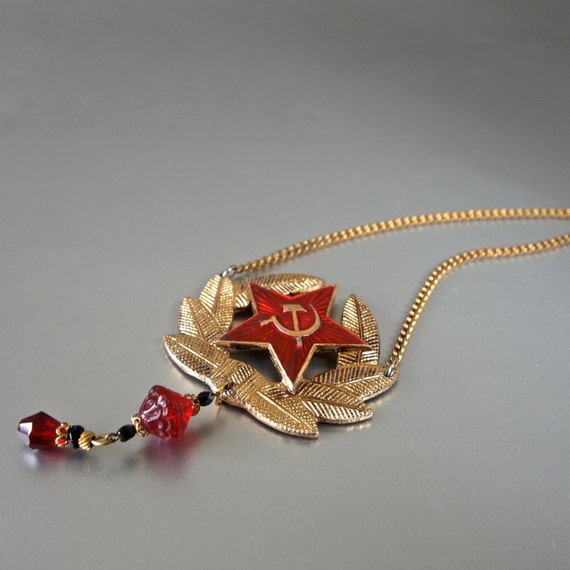 Soviet Sickle and Hammer Necklace Red and Gold Military Emblem