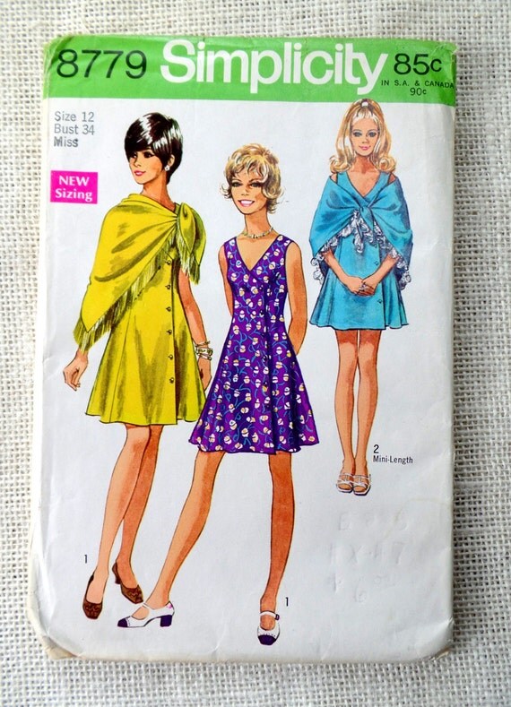 Simplicity 8779 Vintage sewing pattern dress Mini Shawl 1970s