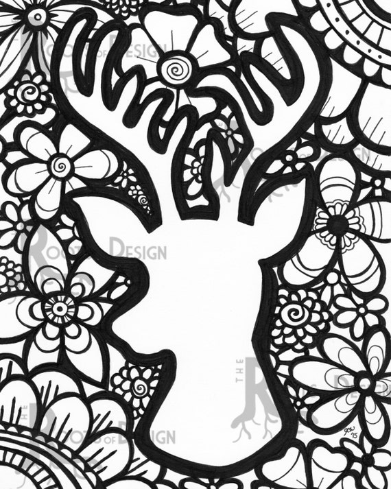 page coloring deer Head Flowers  Deer Coloring Print with  INSTANT Page DOWNLOAD