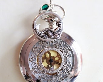 Pocket Watch Necklace With Mermaid ,Birthstone,jewelry gift,Locket,Necklace,Wedding