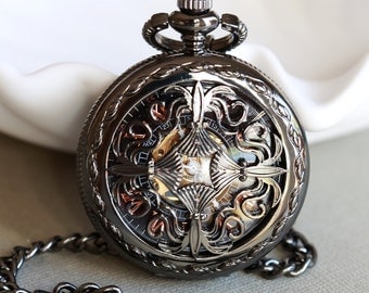 Black Personalized Mens Pocket Watch,Mechanical Pocket Watch,Steampunk Pocket Watch,Pocket Watch Chain,Groom Gift,Groomsmen Gift