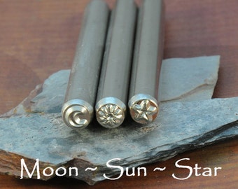 Celestial Metal Stamps - Moon, Sun, Star - Set of 3 Stamps - Astronomy - Moon - Sun - Star - 5mm