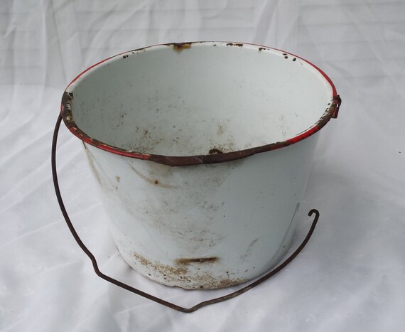 Vintage White Enamel Pot Flower Planter