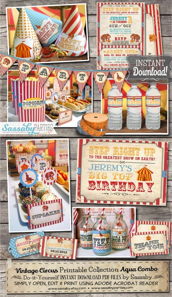 Vintage Circus Party Collection Aqua Combo - INSTANT DOWNLOAD - Printable & Editable Birthday Party Decorations by Sassaby Il_570xn
