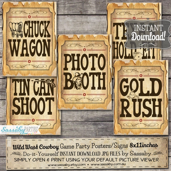 30 Cowboy Game Signs Party Posters INSTANT DOWNLOAD Wild