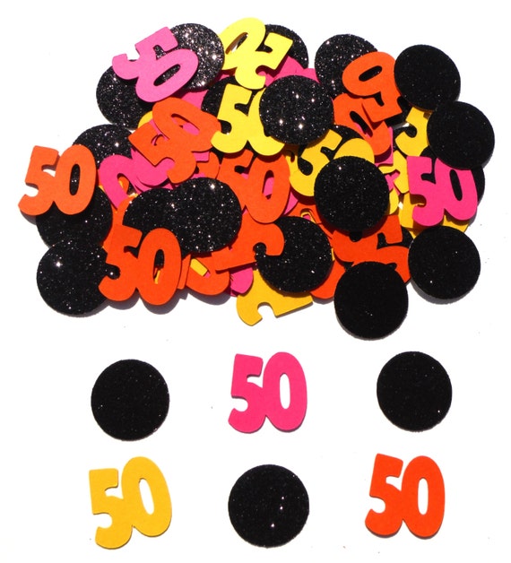 Black Glitter Circle & Number 50 in Pink Orange and Yellow