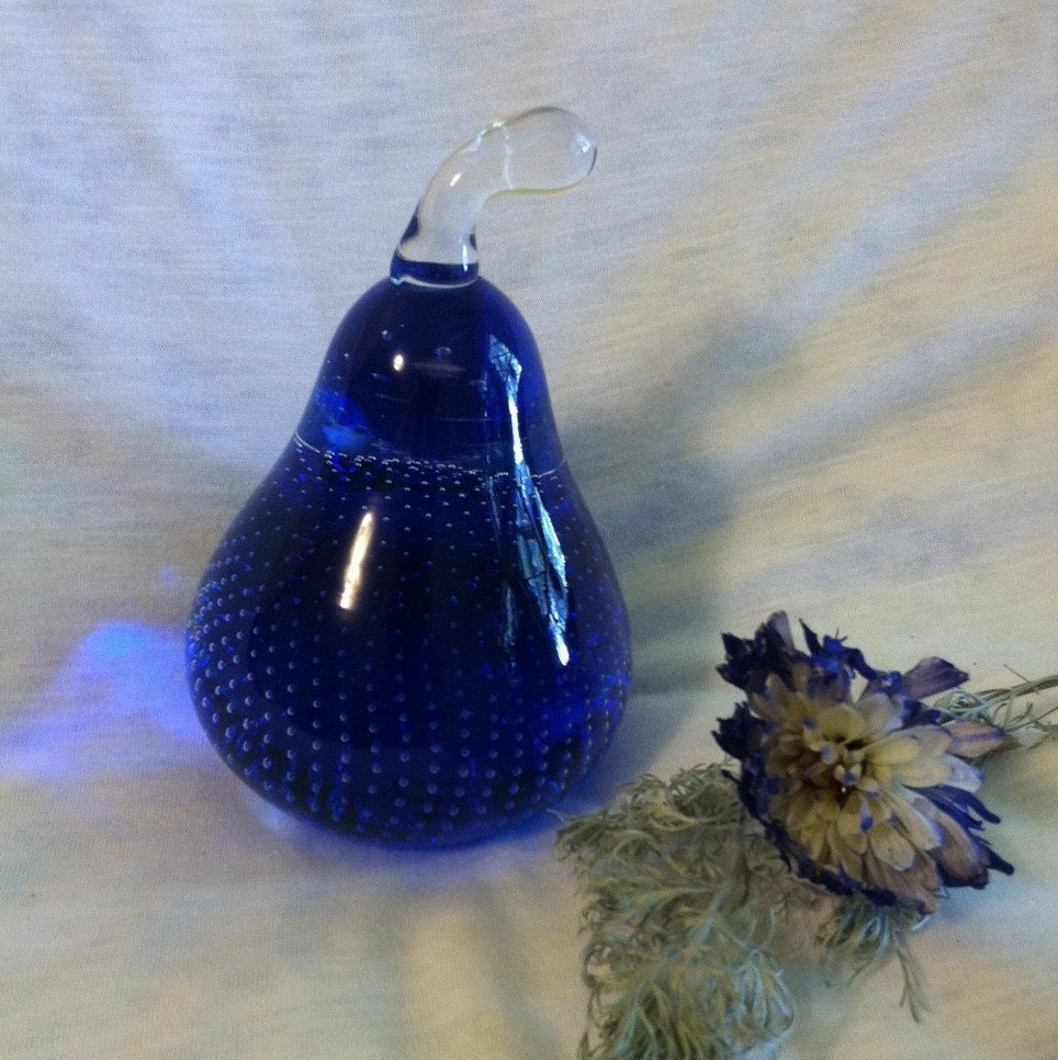 Blue Glass Pear Paperweight Vintage Art Glass Pear Figurine