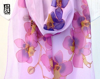 Large Silk Scarf Hand Painted, Chiffon Scarf, Gold, Blue Purple and Pink Orchids scarf, Silk Scarves Takuyo, 14x72 inches. Made to order