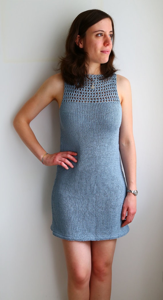Light blue sundress cotton summer dress with mesh detail