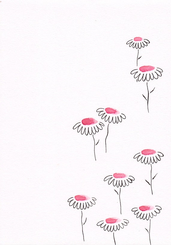 Items similar to Cute pink flowers drawing. Daisy field illustration