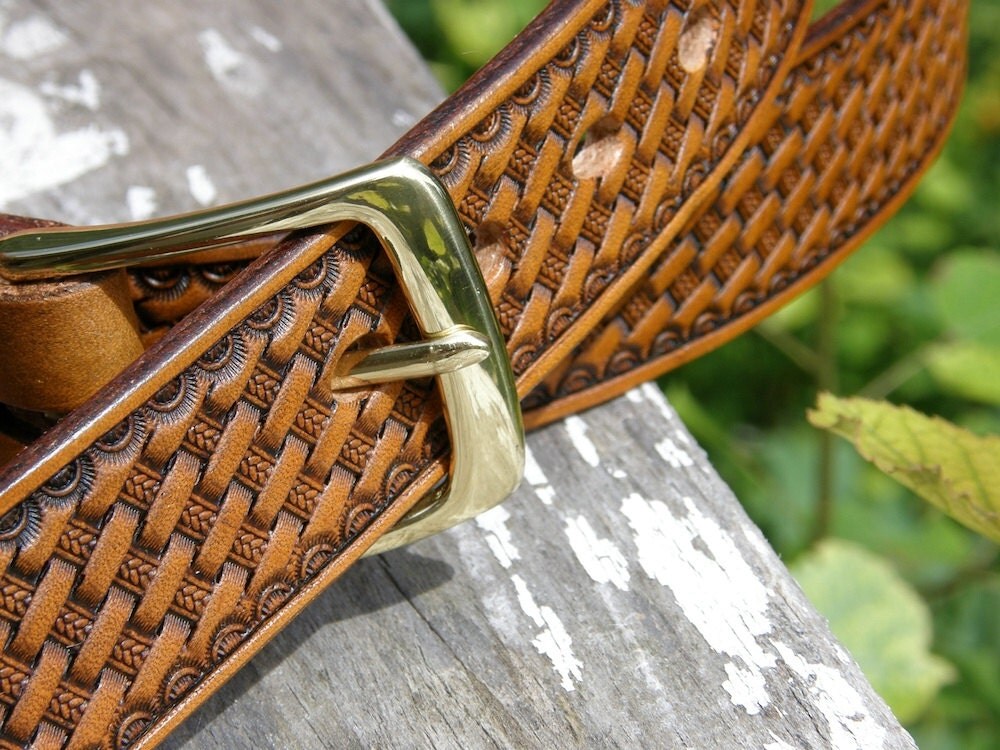 Hand Made Basket Stamped Leather Belt by CandBLeather on Etsy