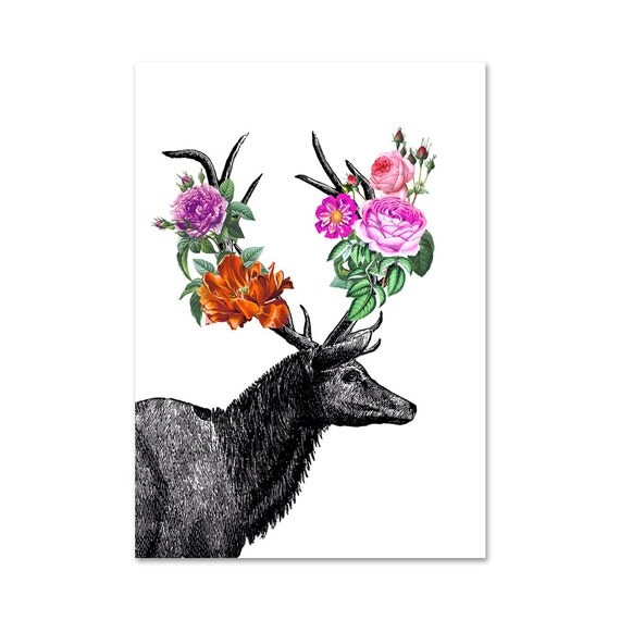 DEER and FLOWERS art print archival art print digital vintage deer