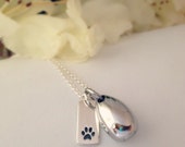 Pet Memorial Sterling Silver Necklace with Stainless Steel Cremation Urn Pendant and Sterling Silver paw print charm Remembrance Bereavement