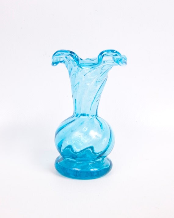 Vintage Aqua Blue Glass Vase Swirl Design Turquoise Bud Vase