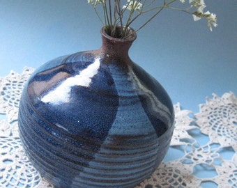 Vintage Signed Stoneware Pottery Blue Glazed Vase