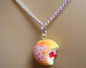 Food Jewelry, Jelly Donut Necklace, Jam Doughnut Necklace, Donut Pendant, Miniature Food, Mini Food, Do Nut Necklace, Kawaii Necklace, Sugar