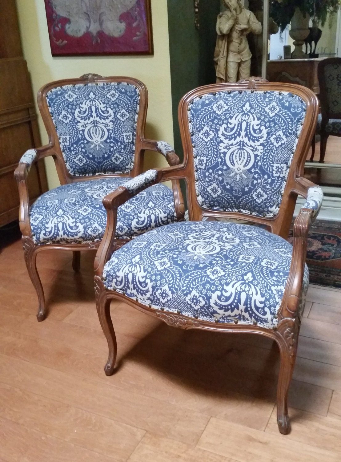 Pair Of French Style Bergere Upholstered Arm Accent Chairs