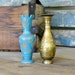 Brass Vase Pair - Blue & Gold Etched, Hand Decorated, Made in India - Kiwi Birds and Traditional Art - Vintage Home Decor