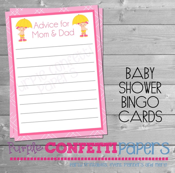 Advice for Mom \u0026 Dad Card Rain Hat Baby Girl Pink and Yellow Baby Shower Printable Party Games 