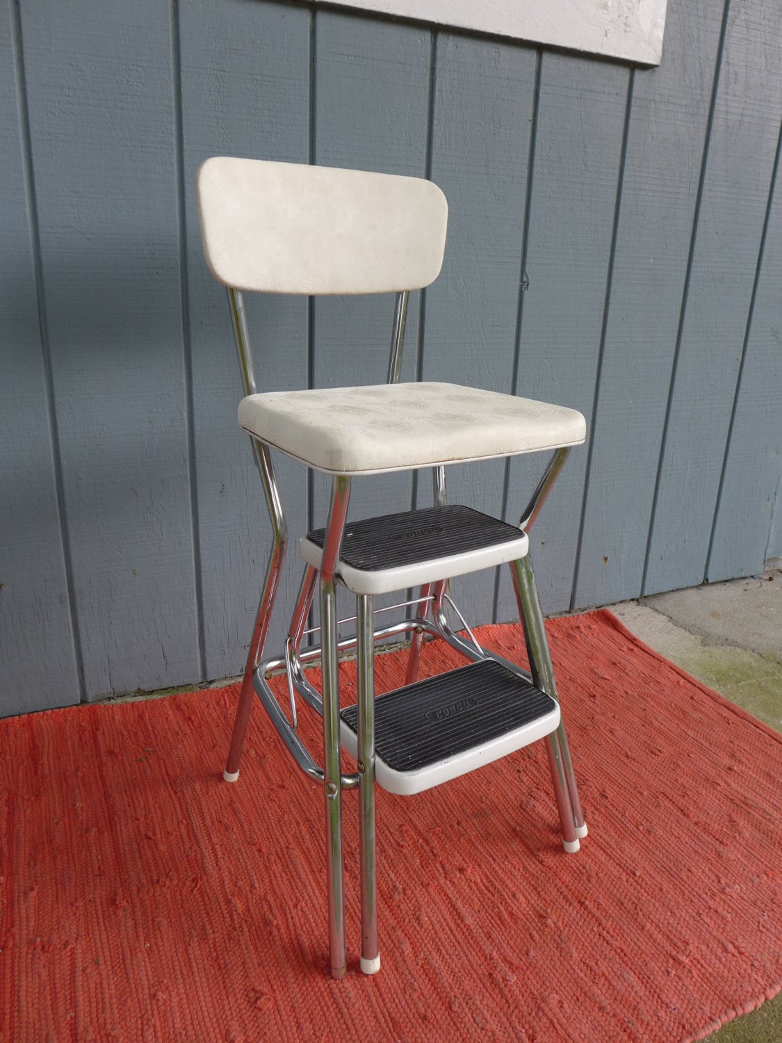 Vintage White COSCO Step Stool Chair Pull Out Steps Metal Kitchen Kids