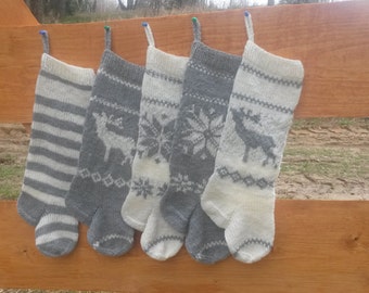 Knit Christmas Stocking Hand Knitted Personalized with Reindeer, Poisentia,Strips Christmas Gift Christmas Decoration