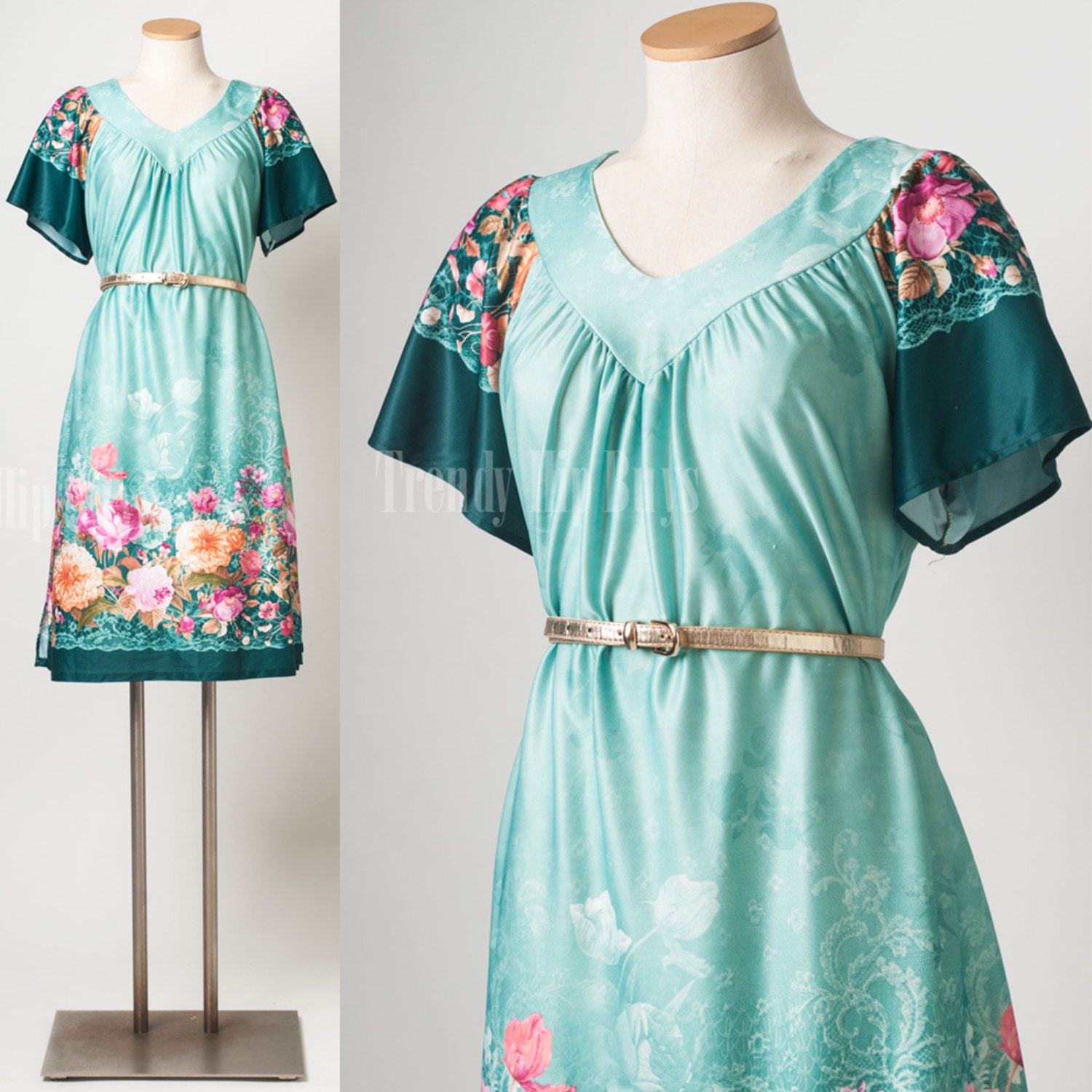 Vintage 70s Dress, Vintage green Dress, Floral dress, House dress – L