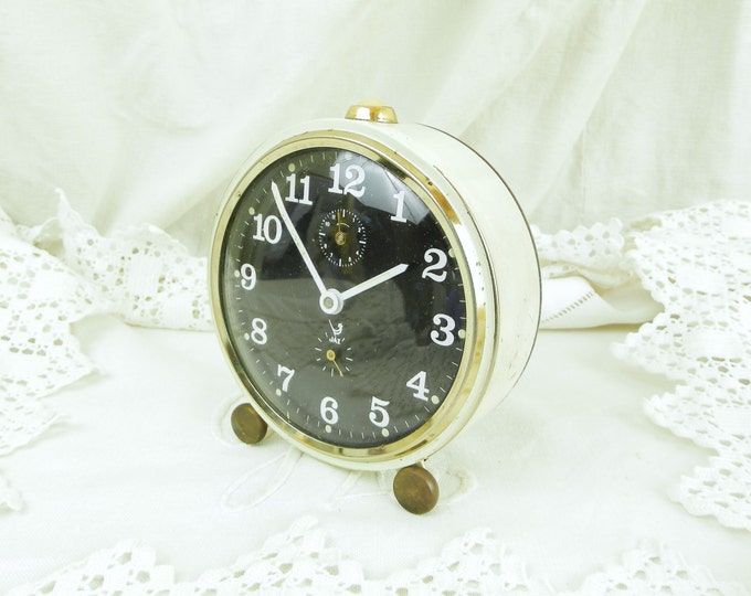 Working 1960s Mid Century Vintage French Jaz Mechanical Wind Up Alarm Clock White with Black Clock Face, Retro Timepiece, Bedroom Decor